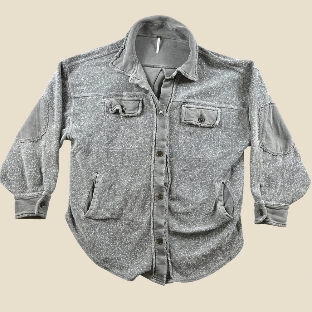 Free People Shirt Jacket Women S Grey Oversized Button Down Elbow Patch Shacket
